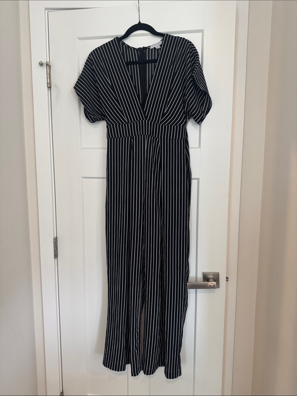 FAVLUX Black and White Vertical Stripe V-Neck Jumpsuit